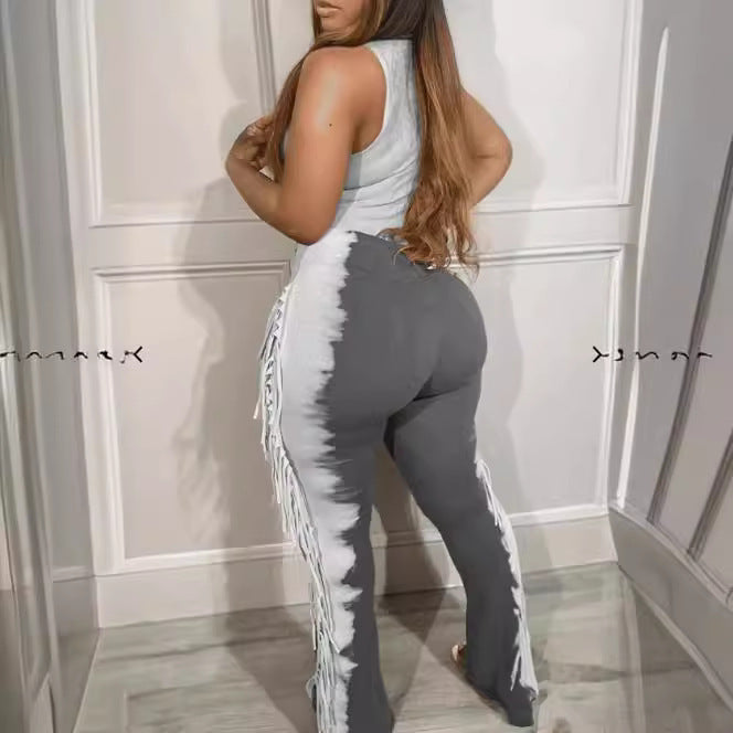 Side Tassel Fringe Design Sleeveless Women's V-Neck Skinny Jumpsuit