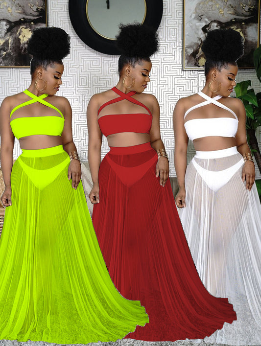 Criss-Cross Strap Bikini Swimsuit+ Mesh Transparent Flowing Maxi Skirt + 3-Piece Swimwear Cover-Up Set