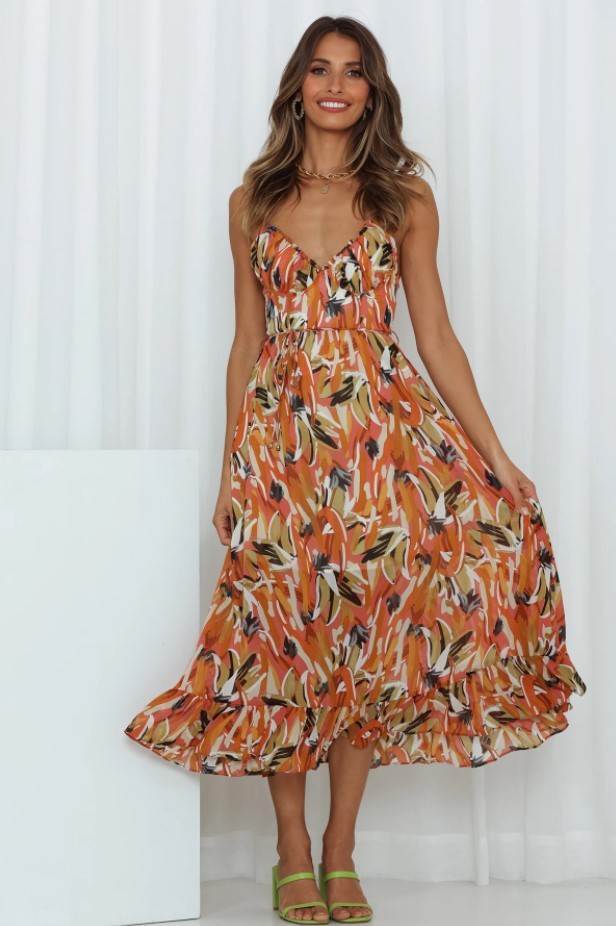 Bohemian Geometric Floral Print Spaghetti Strap High Slit Backless Maxi Sundress