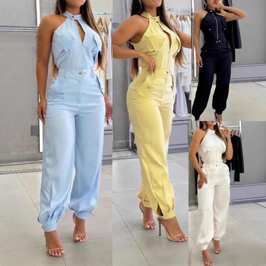 Sleeveless Irregular Zipper Detail Cargo Pocketed Halter Top + Pants Women's 2-Piece Set