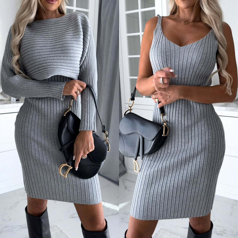 Ribbed Solid Knitted Long Sleeve Sweater + Cami Tank Midi Sweater Dress 2-Piece Set to 3X