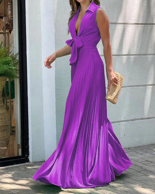 Ruffled Pleated Bowknot Lace-Up V-Neck Sleeveless Floral Print/Solid Color Wide Leg Jumpsuit