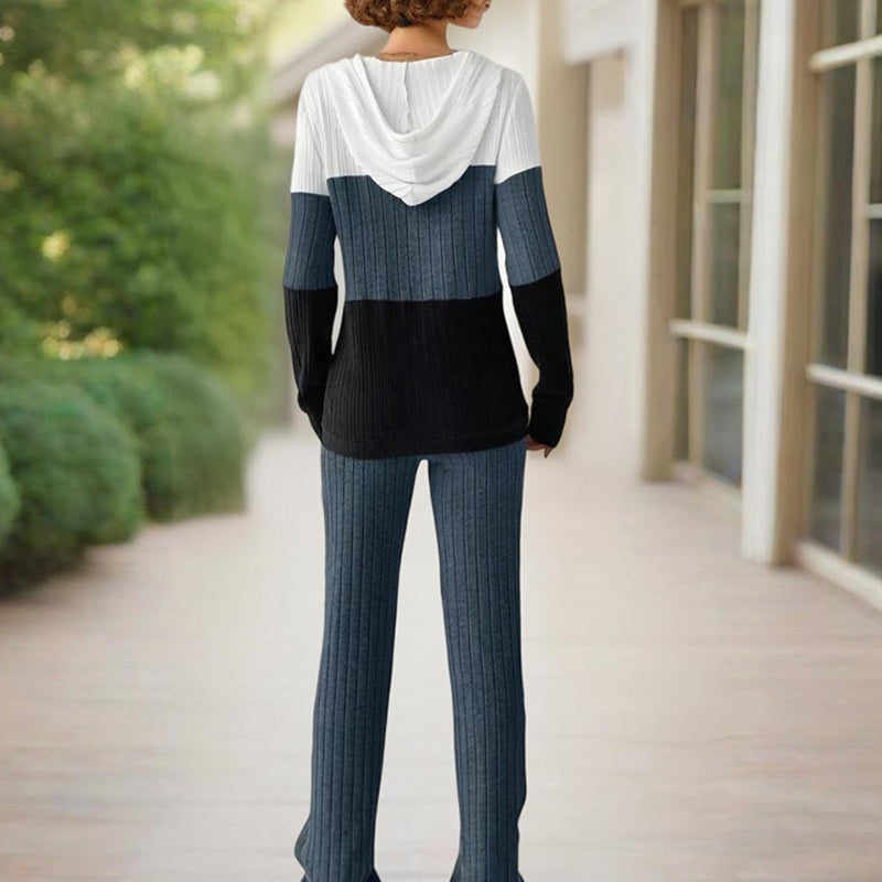 Knitted Ribbed Drawstring Striped Colorblock Long Sleeve Zipper Hoodie Sweatshirt + Wide Leg Sweatpants Women's Tracksuit