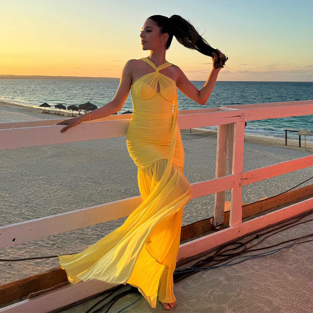 Yellow Mesh Transparent Ruched Halter High Slit Maxi Dress