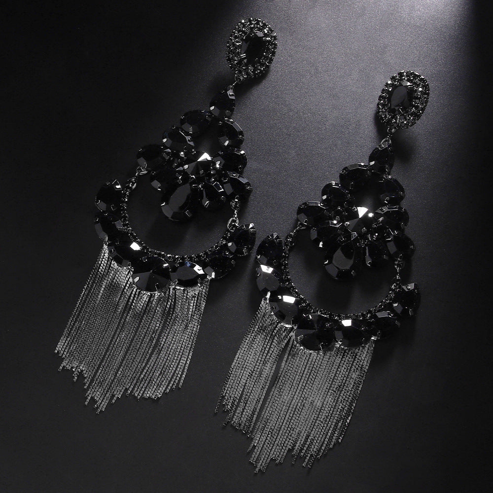 Oversized Black Metal Tassel Fringe Earrings