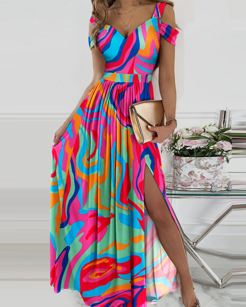 Hot Pink Rainbow Geometric Sleeveless Off-the-Shoulder High Slit Maxi Dress