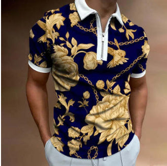 Men's Striped Colorblock Print Short Sleeve Zipper Turn-Down Collar Polo Shirts