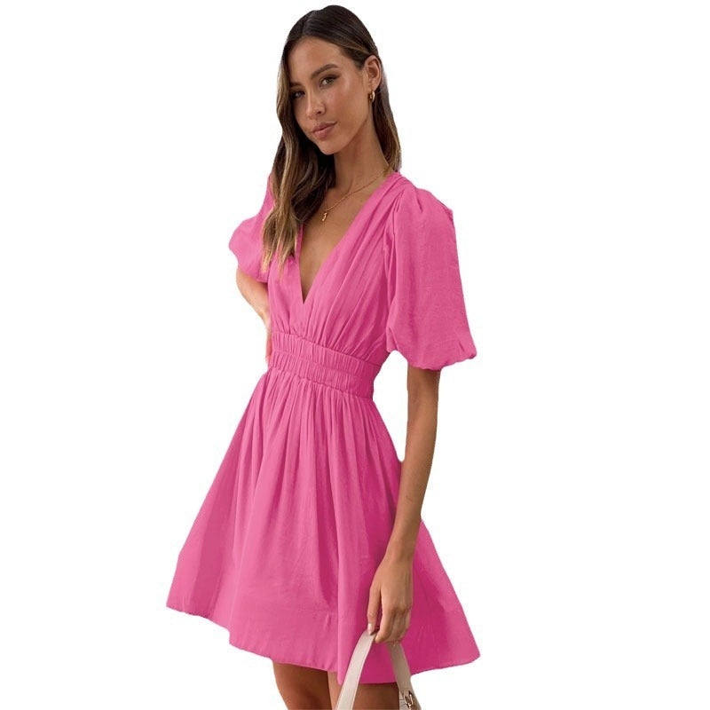 Short Lantern Sleeve V-Neck Solid Color Mini Dress