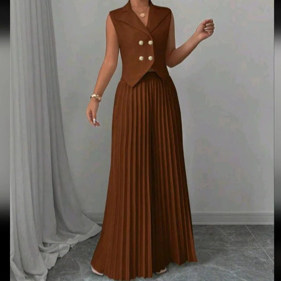Summer Sleeveless Suit Fashion Lapel Button Vest Top And Pleated Straight Pants Women's Trousers Set Clothing