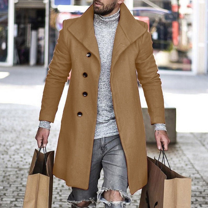 Men's Plaid/Solid Color Turn-Down Collar Button-Up 3/4 Length Pea Coats