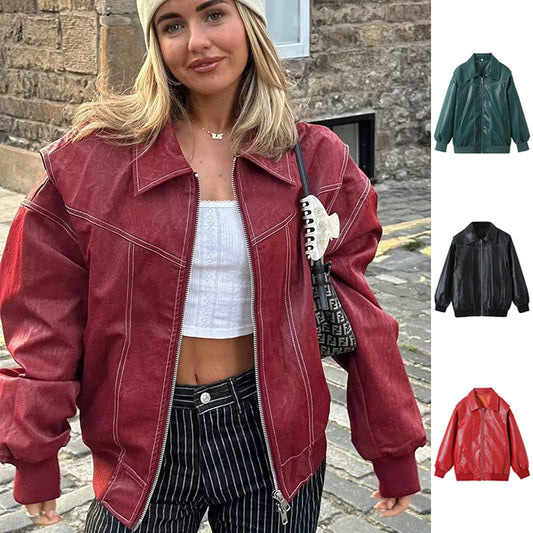 PU Leather Leopard/Solid Color Turn-Down Collar Long Sleeve Women's Motorcycle Biker Zipper Jacket