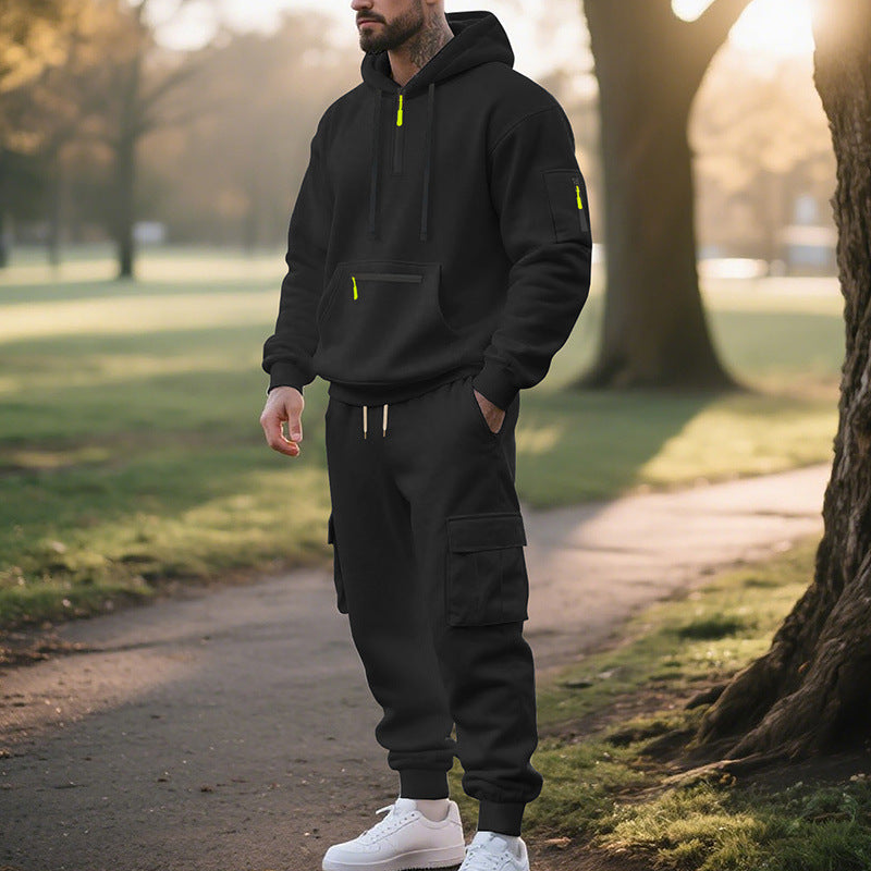 Men's Fleece Lined Zipper Pocket Drawstring Hoodie Sweatshirt + Multi-Pocket Cargo Sweatpants 2-Piece Tracksuit