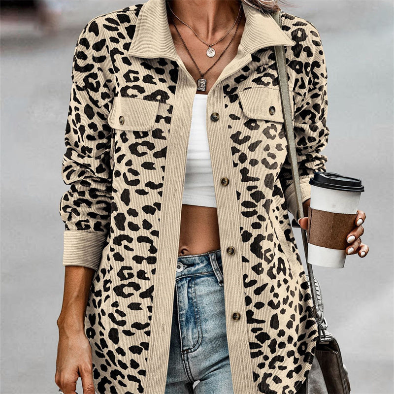 Leopard Print Double Pocket Design Long Sleeve Women's Turn-Down Collar Jacket to 3X Plus Size