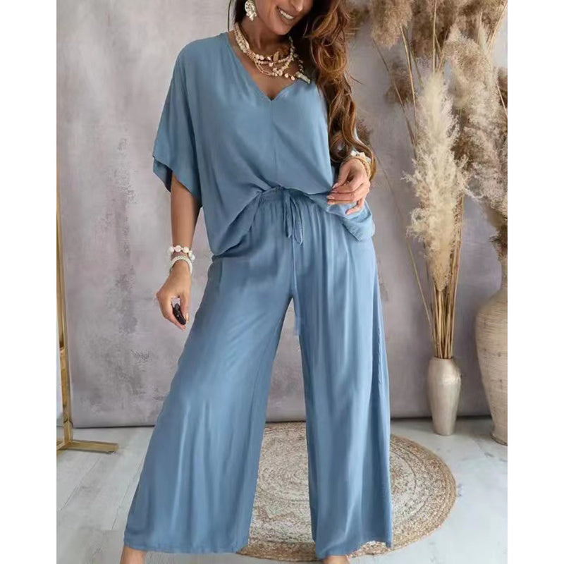 Solid Color V-Neck Half Sleeve Women's T-Shirt + Wide Leg Pants 2-Piece Set