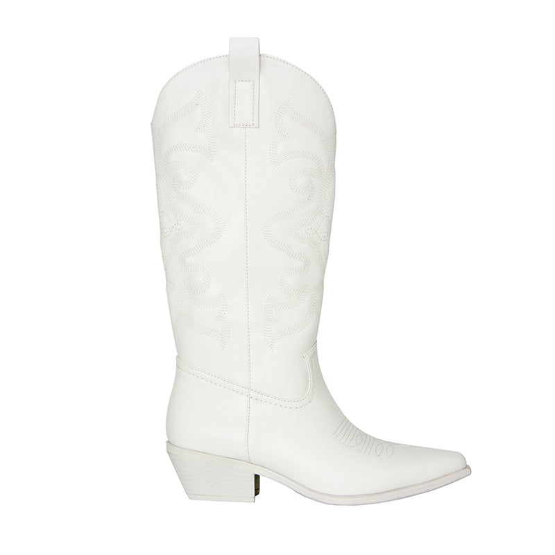 Vintage Western Embroidered Pointed Toe Side Zipper Women's Chunky Heel Cowgirl Boots