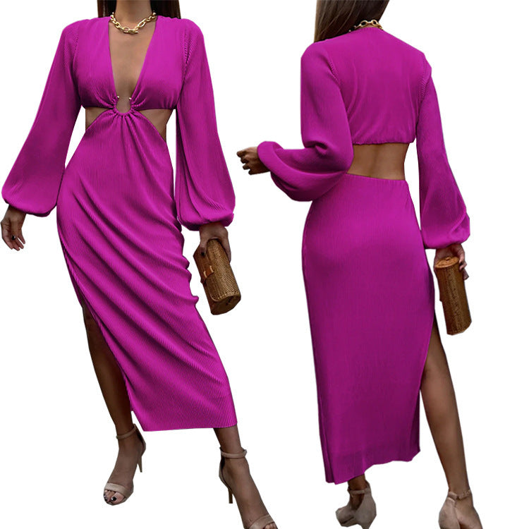 Ribbed Pleated Ring Hollow-Out Design High Side Slit Long Sleeve Maxi Dress