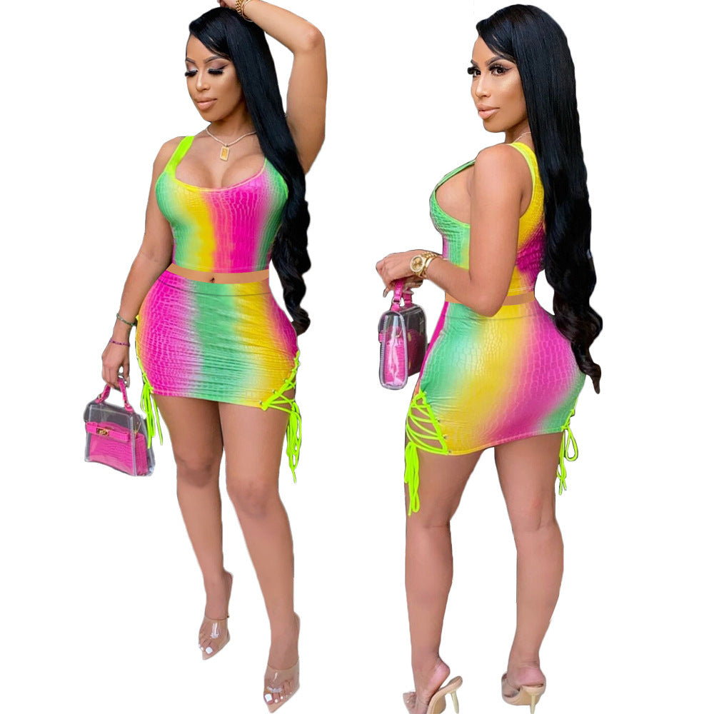 Hot Pink/Yellow/Green Rainbow Striped Sleeveless Halter Crop Top + Drawstring Mini Skirt 2-Piece Set