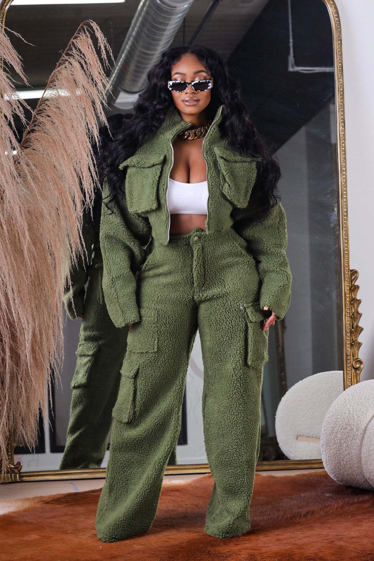 Fleece Women's Pocketed Zipper Jacket + Cargo Sweatpants Tracksuit