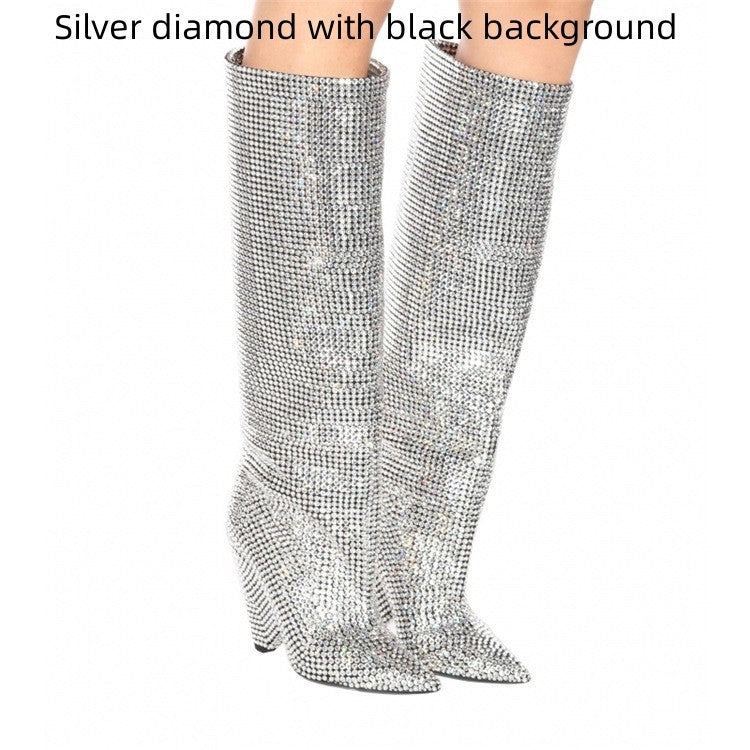 Silver/Black Diamond Metallic Sparkling Rhinestone High Heel Pointed Toe Knee-High Boots