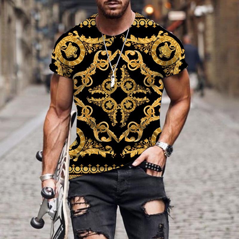 Men's Black/Yellow/Red Baroque Pattern 3D Print 1/2 Sleeve T-Shirt