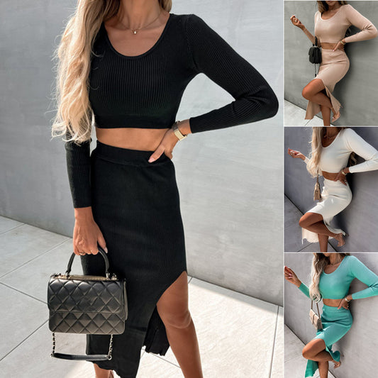 Ribbed Solid Color Long Sleeve Crop Top+ High Slit Maxi Skirt 2-Piece Set