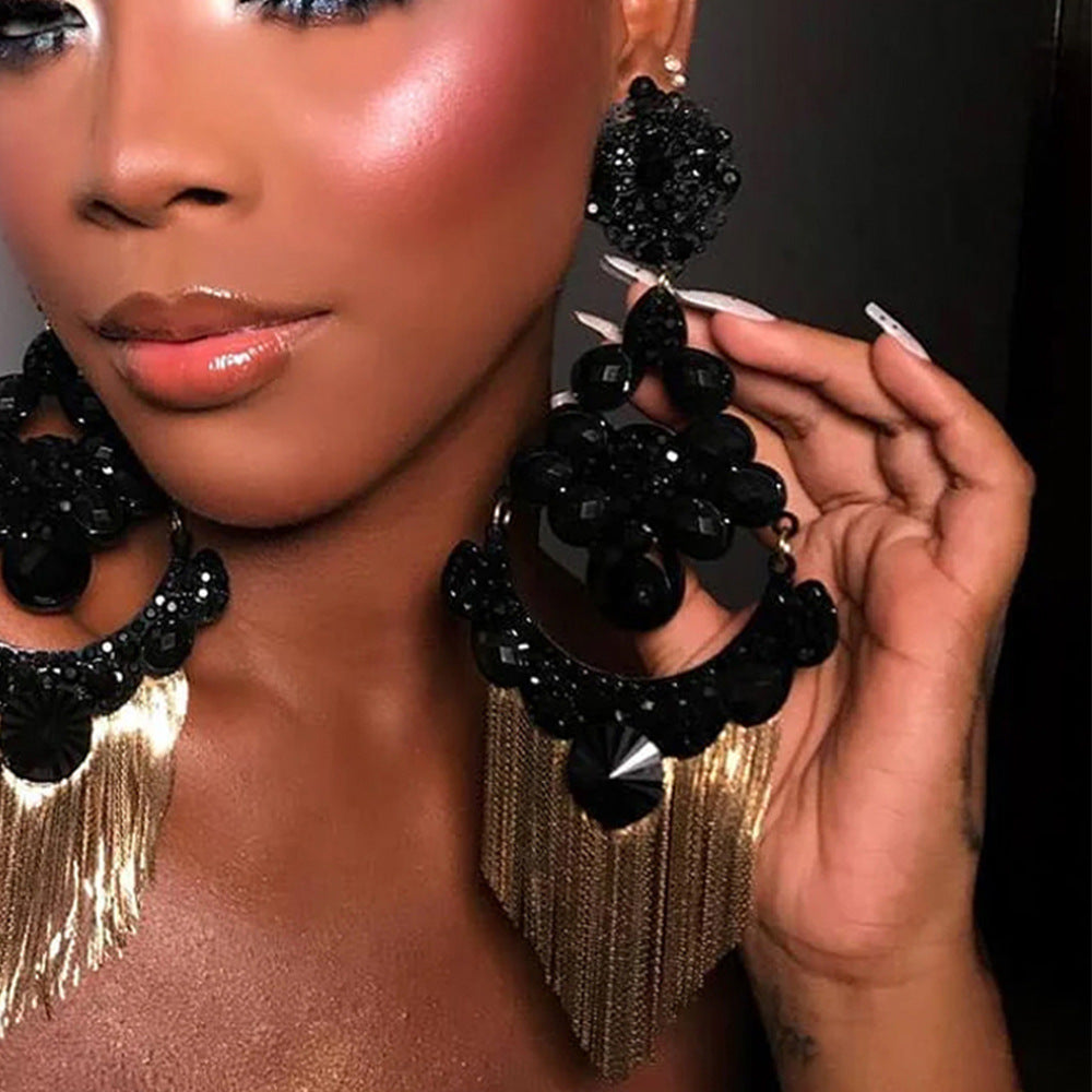 Oversized Black Metal Tassel Fringe Earrings