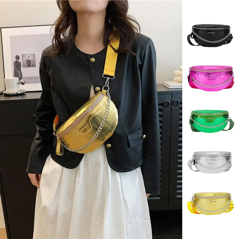 PU Leather Metallic Solid Color Women's Crossbody Zipper Belt Bag