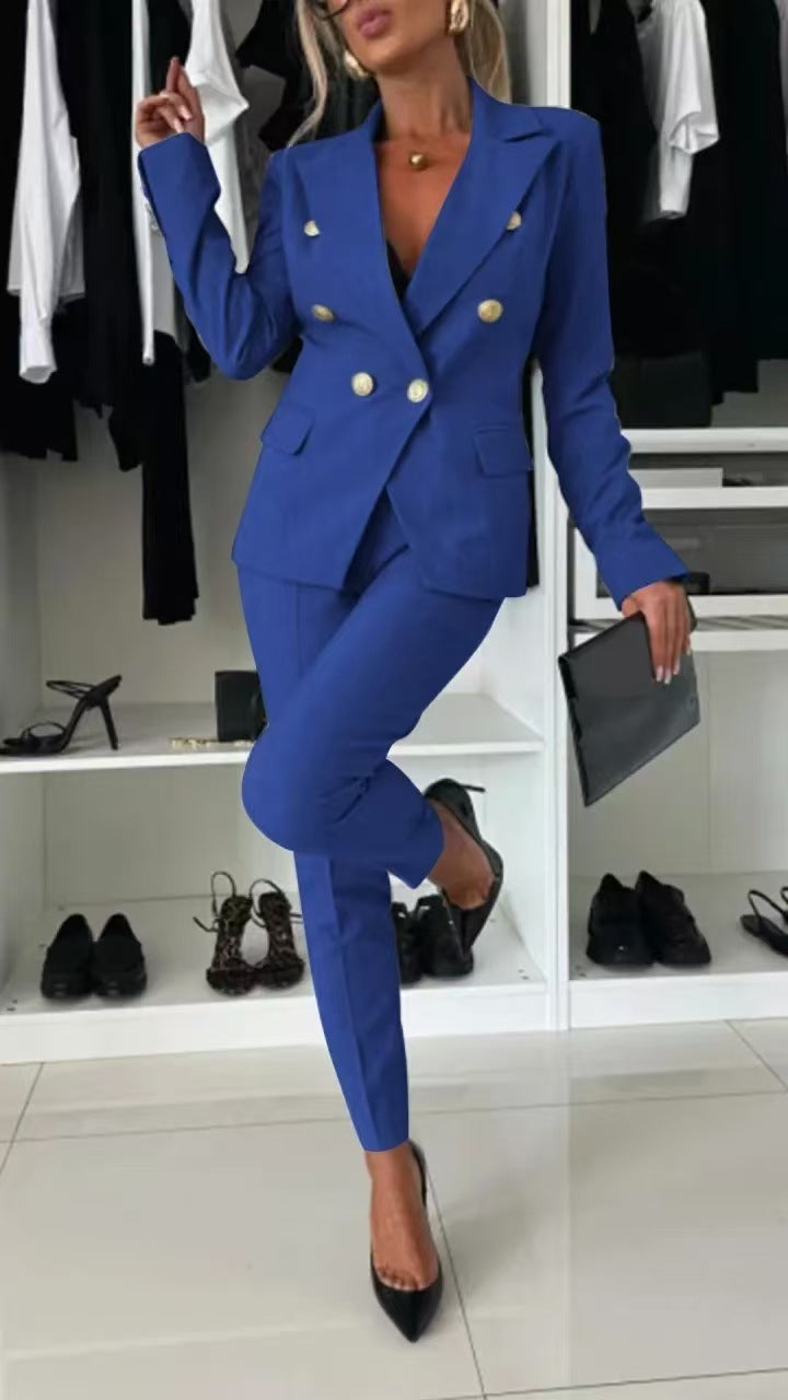 Double Breasted Button-Up Women's Blazer Jacket + Skinny Trouser Pants Women's Office Business Suit