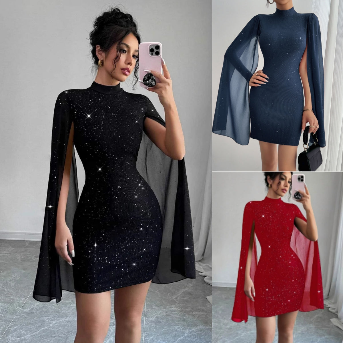 Chiffon Sparkling Glitter Round Neck Cape Sleeve Wrapped Hip Formal Mini Party Dress