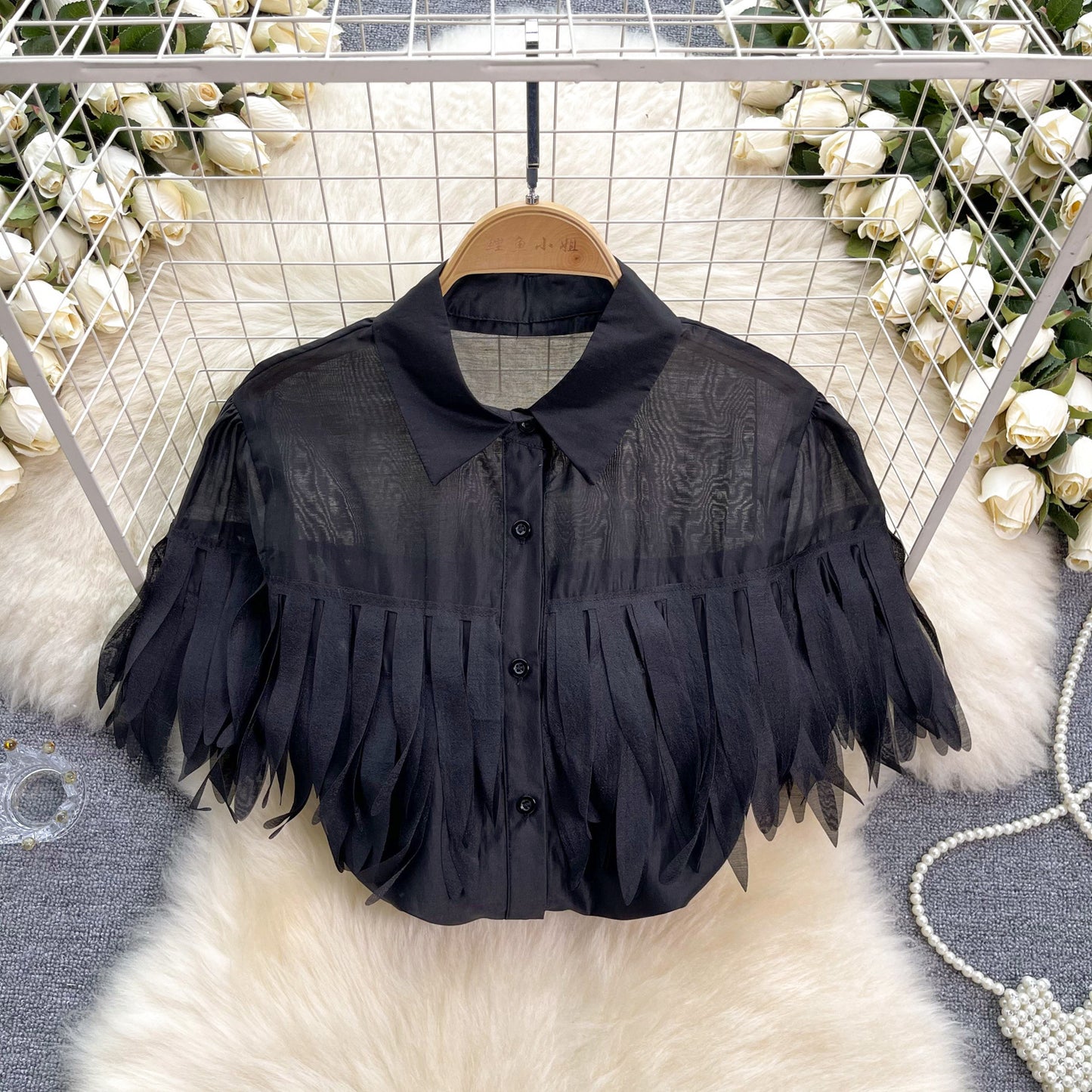 Sheer Tassel Fringe Puffed Short Sleeve Turn-Down Blouse