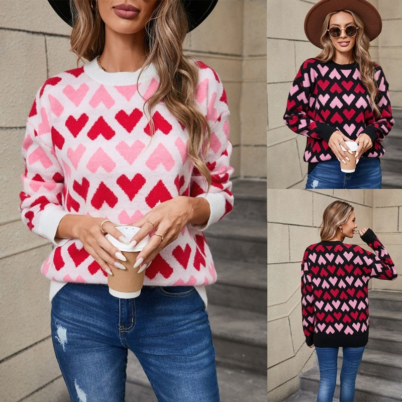 Heart Print Colorblock O-Neck Pullover Long Sleeve Women's Sweater