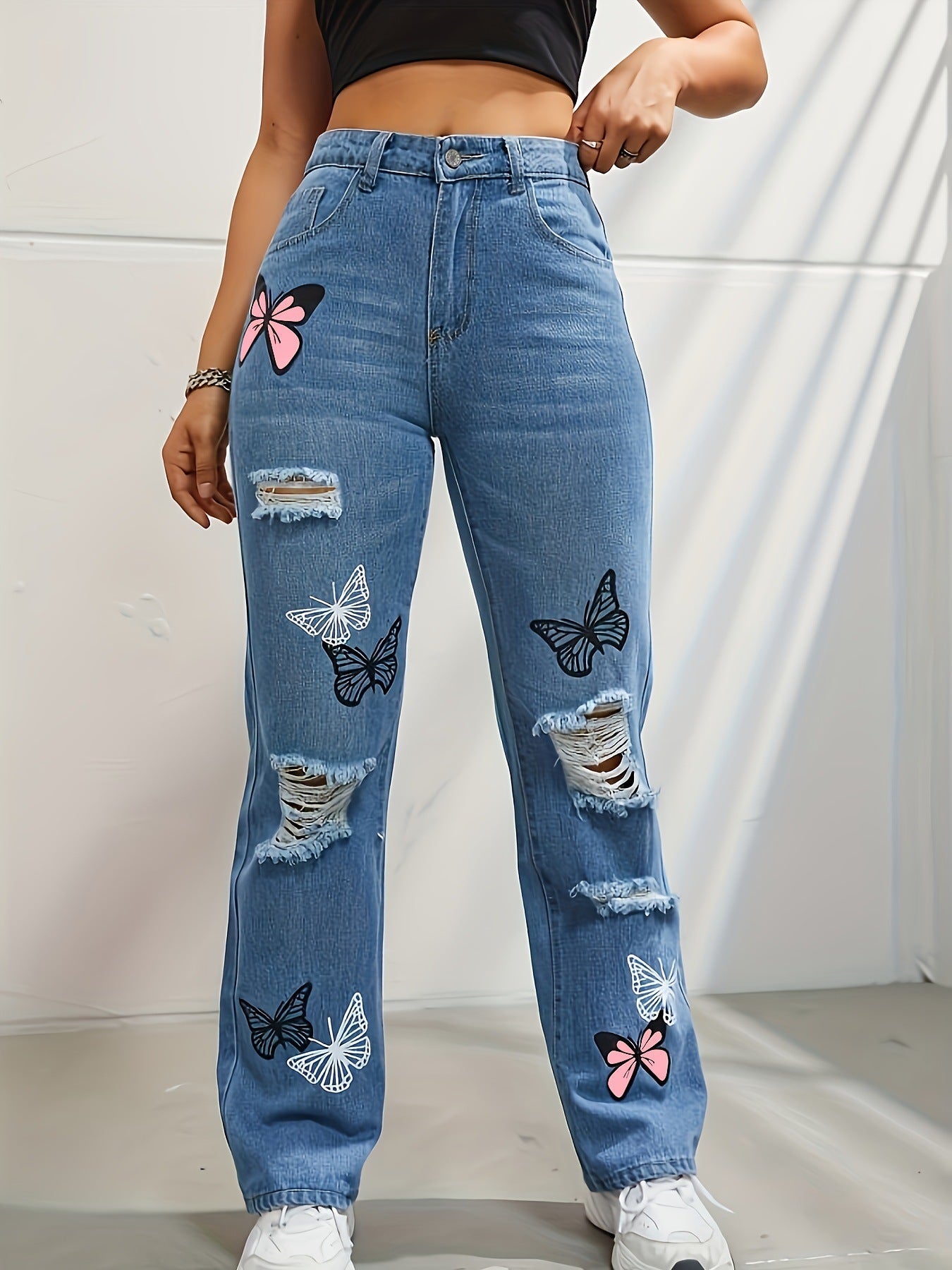 Butterfly Print Ripped Washed Distressed Denim Women's Jeans