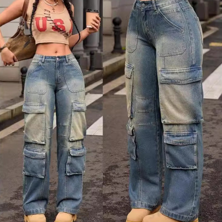 Denim Vintage Colorblock Gradient Women's Washed Multi-Pocketed Cargo Jeans