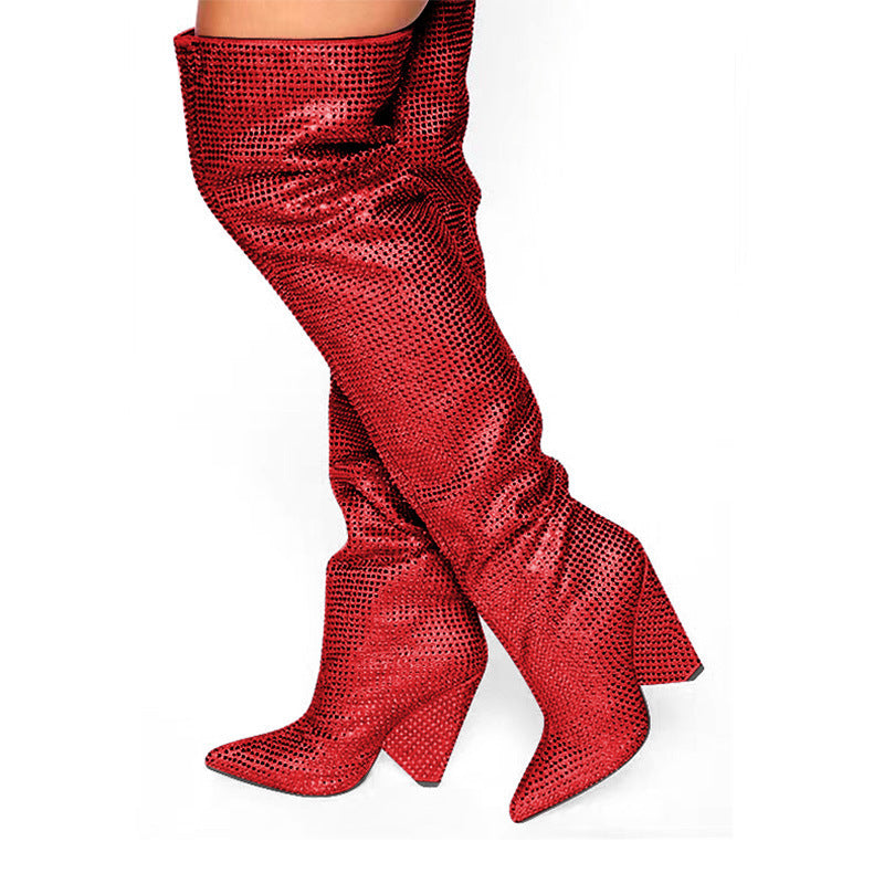 Rhinestone Metallic Pointed Tapered Heel Below-the-Knee Women's Western Wedge Boots