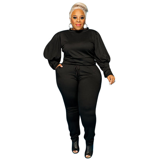 Puffed Batwing Sleeve O-Neck Solid Color Shirt + Sweatpants Two-Piece Women's Set to 5X Plus Size