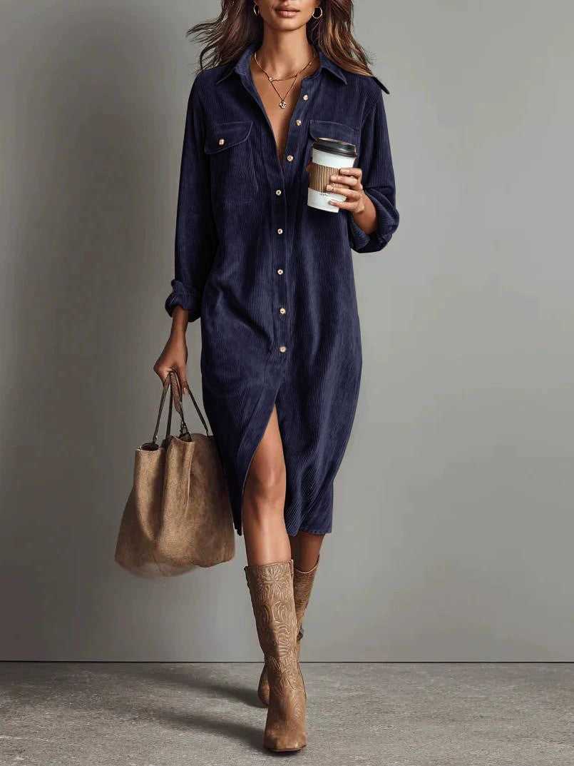 Double Pocket Design Turn-Down Collar Loose Button-Up Long Sleeve Office Midi Shirt Dress to 3X Plus Size