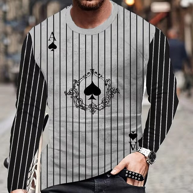 Men's Hip-Hop 3D Striped/Solid Playing Card Letter Digital Print Long Sleeve T-Shirt