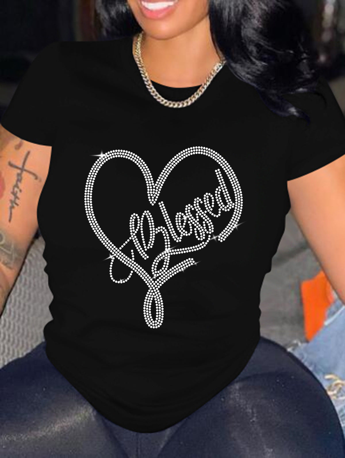 Heart Print "Blessed" Glitter Sparkling Rhinestone O-Neck Women's Short Sleeve T-Shirt to 5X Plus Size