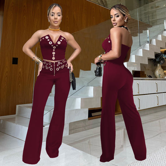 Eyelet Metal Buckle Design Sleeveless Tube Top + Zipper Front Trouser Pants Women's 2-Piece Set