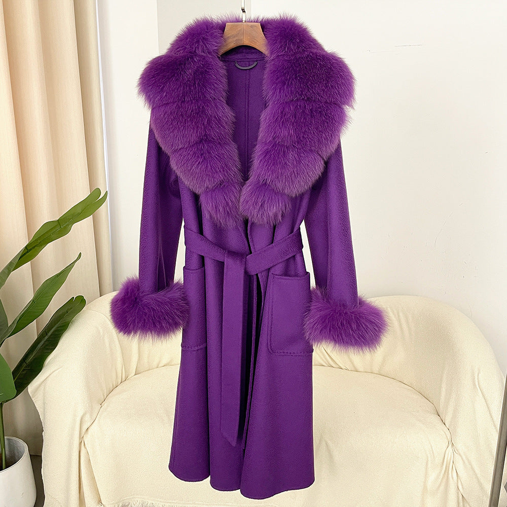 Oversized Fur Collar Double Sided Water Ripple Wool Women's Trenchcoat