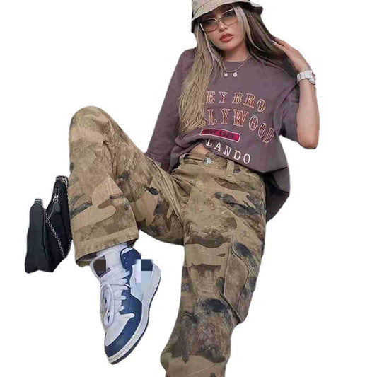 Camoflauge Washed Women's Multi-Pocketed Hip-Hop Military Streetwear Cargo Pants