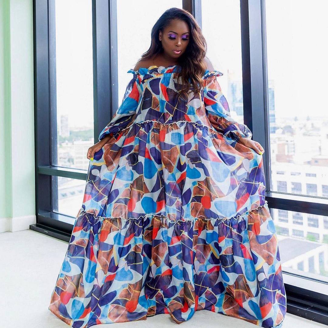 Oversized Geometric Floral Print Long Sleeve Off-the-Shoulder High Slit Maxi Dress to 5X Plus Size