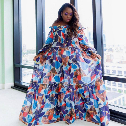 Oversized Geometric Floral Print Long Sleeve Off-the-Shoulder High Slit Maxi Dress to 5X Plus Size