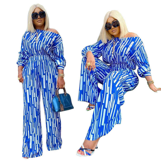 Blue/White Striped Colorblock Off-the-Shoulder Long Sleeve Shirt+ Loose Pants 2-Piece Set to 4X Plus Size