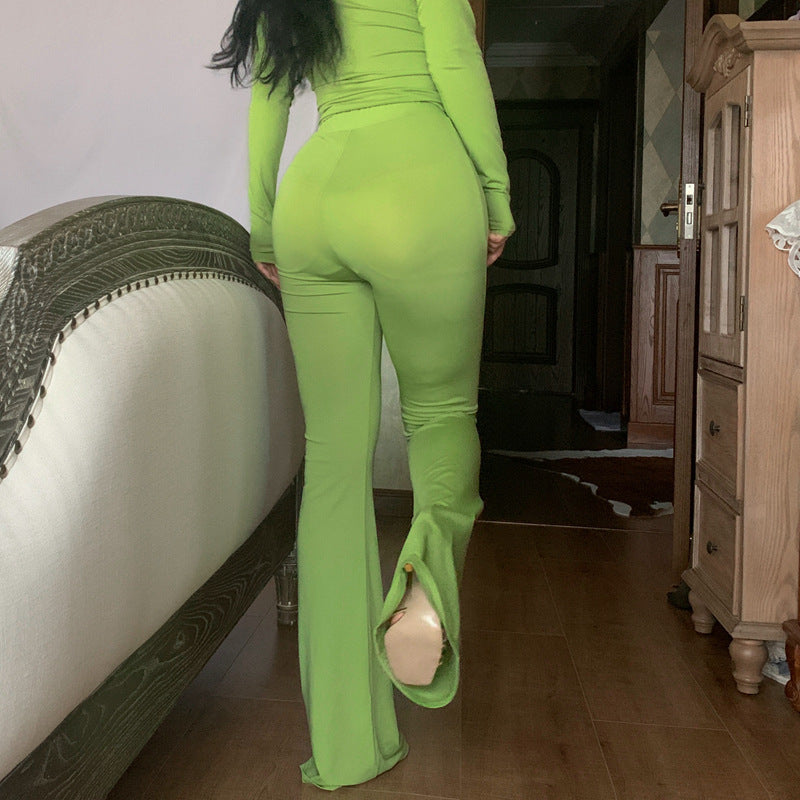 Women's Solid Color Slim Fit Long Sleeve Flared Pants Casual Suit