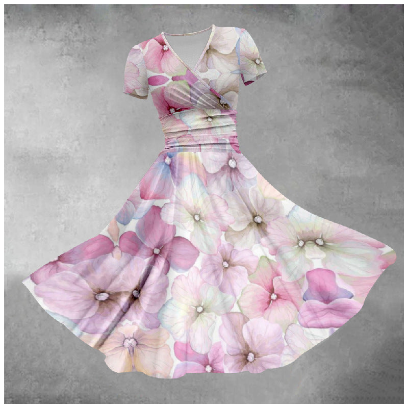 Pastel Rainbow Striped Colorblock/Flower Print V-Neck Short Sleeve Midi Big Swing Dress to 5X Plus Size