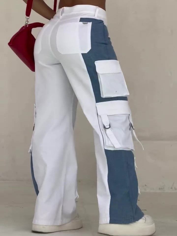 Color Contrast Colorblock White/Blue Pocketed Women's Streetwear Cargo Jeans