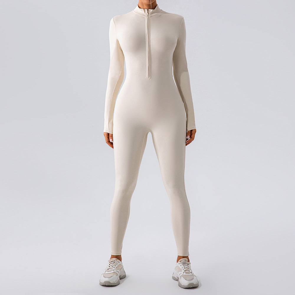 Fleece Lined Yoga Long Sleeve Fitness Zipper Skinny Jumpsuit