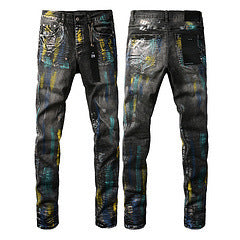 Men's Ripped Colorblock Tie-Dye Print Hip-Hop Stretch Skinny Jeans