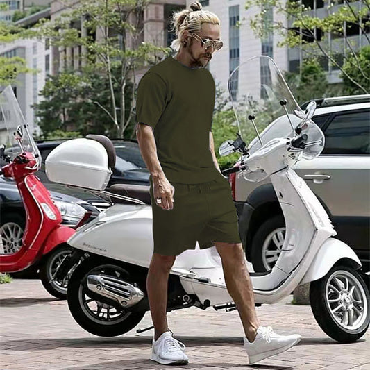 Men's Solid Color T-Shirt + Shorts 2-Piece Casual Sports Set